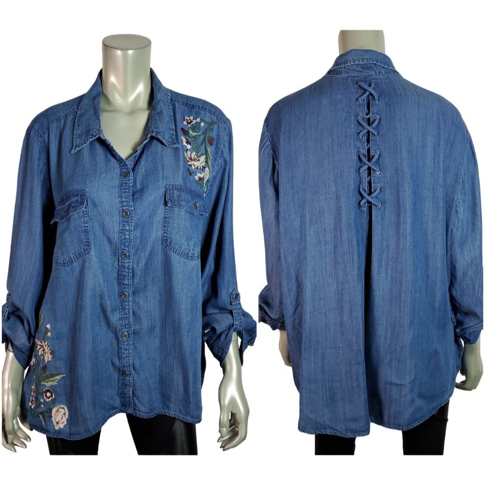 Style & Co Top Plus Size XXL Embroidered Lace‎ Up Lyocell Pockets High Low Blue